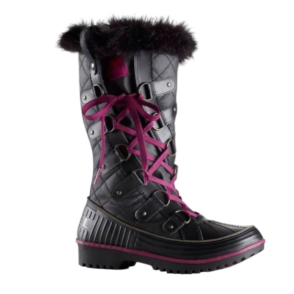 Sorel Tivoli Twist Waterproof Winter Boots with Fur Trim Black Purple Size 7 - Picture 1 of 12